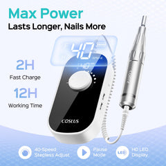 COSLUS nail drill speed dial offers versatile control for prep to removal.