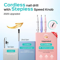 COSLUS nail drill stepless speed knob enables precise control for acrylic and gel nails.