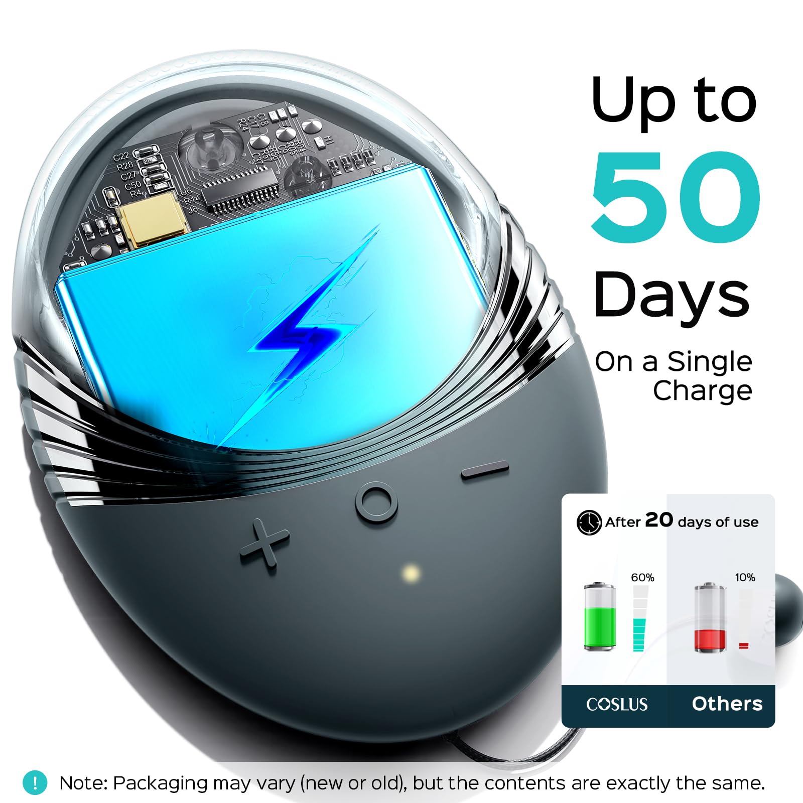 COSLUS portable brush with 50-day battery life for on-the-go use.