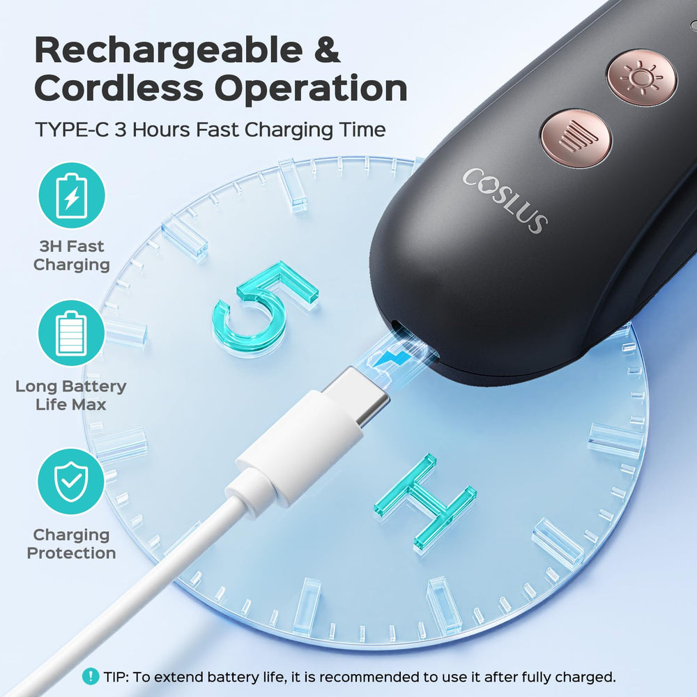 COSLUS rechargeable nail file with USB-C charging for quick at-home power top-ups.