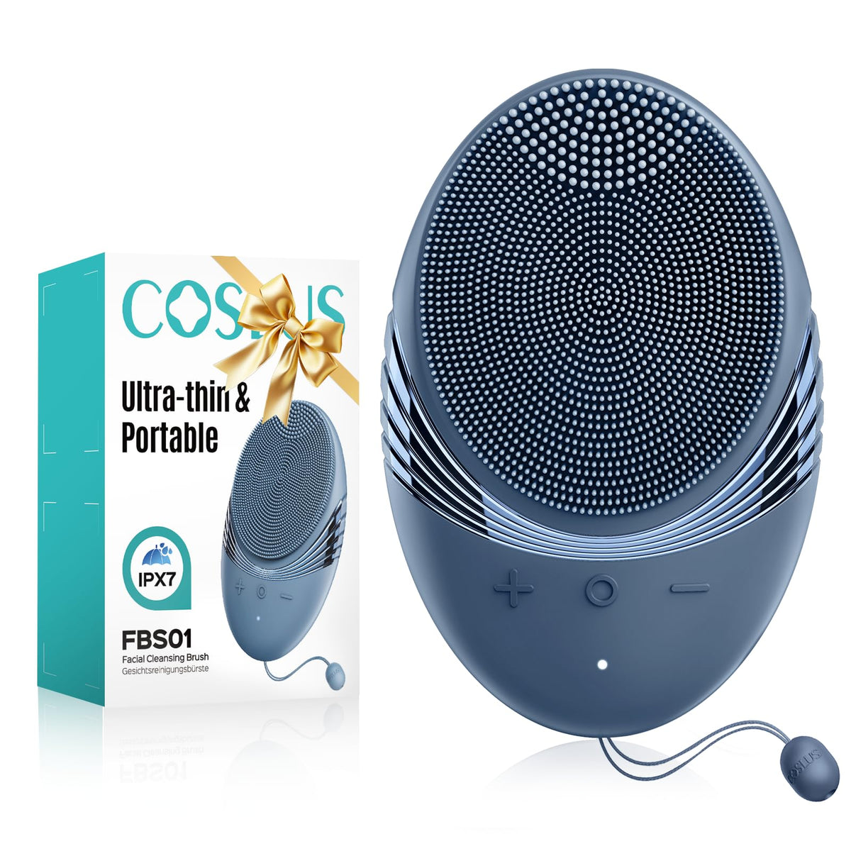 COSLUS silicone face scrubber close-up shows bristles for deep cleansing and exfoliation.