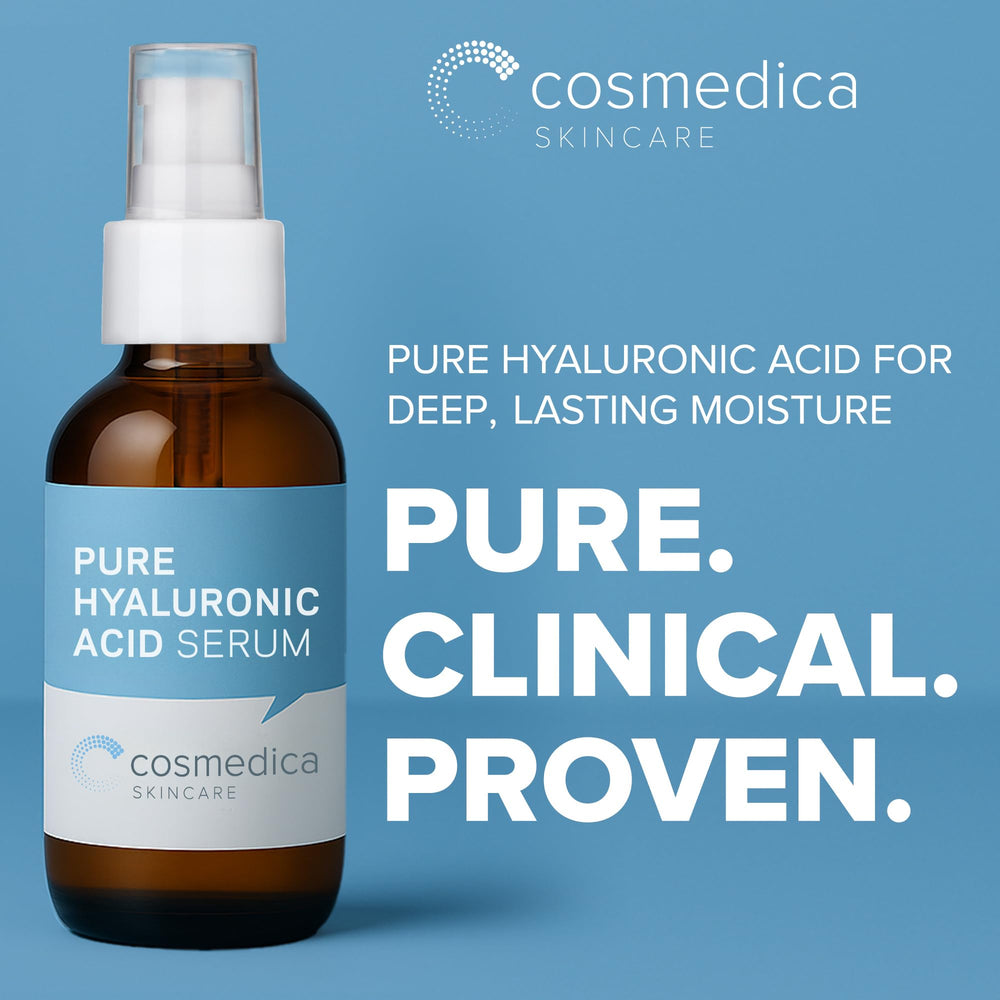 Cosmedica Skincare Hyaluronic Acid Serum drop closeup highlights pure hydrating texture for glow.