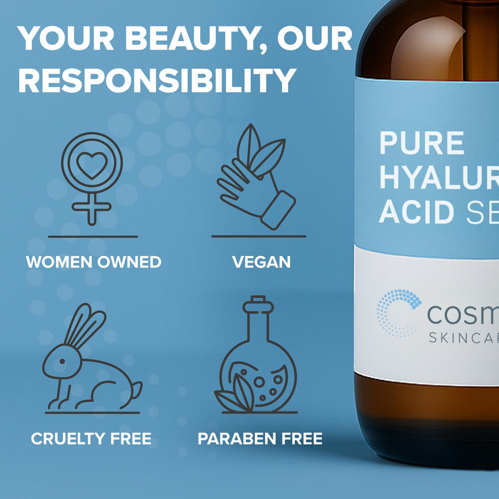 Cosmedica Skincare Hyaluronic Acid Serum label emphasizes 100% pure formula.