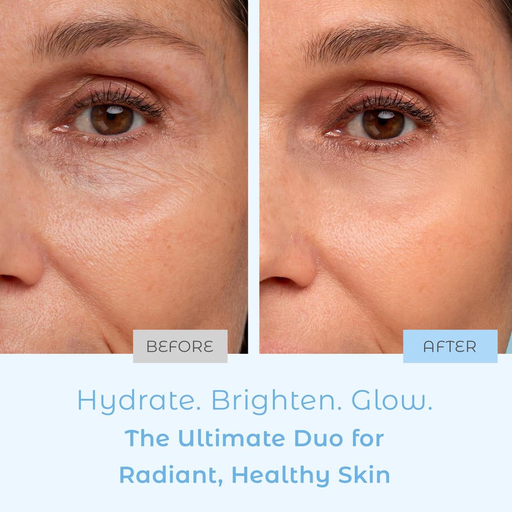 Cosmedica Skincare Set label close-up highlights vitamin C and hyaluronic acid
