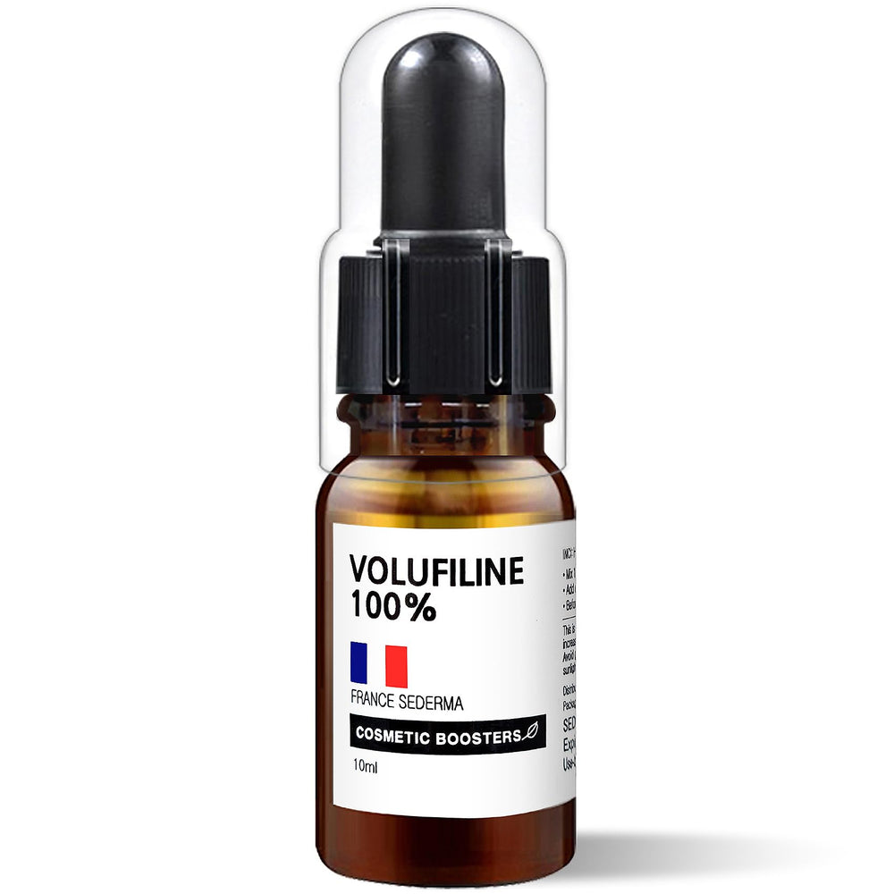 COSMETIC BOOSTERS Volufiline bottle highlighting a pure cosmetic ingredient for skin elasticity.