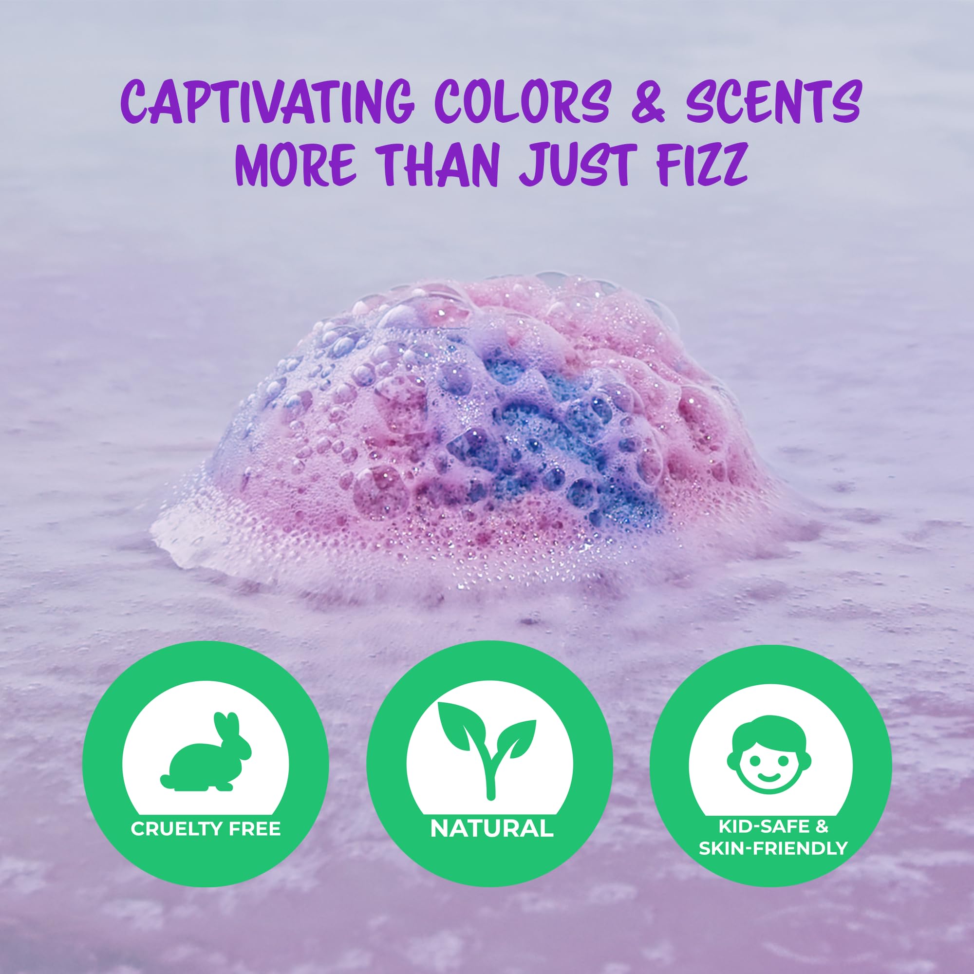 Cosmetics Stories bath bombs fizz and swirl, creating a magical color show.