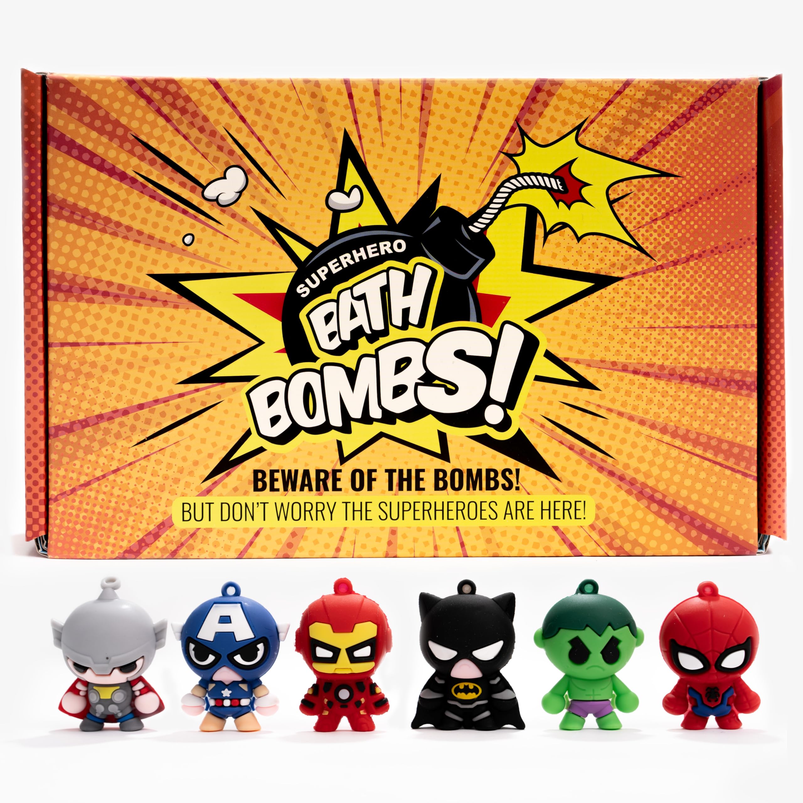 Cosmetics Stories superhero bath bombs packaging shown, ideal gift-ready presentation.