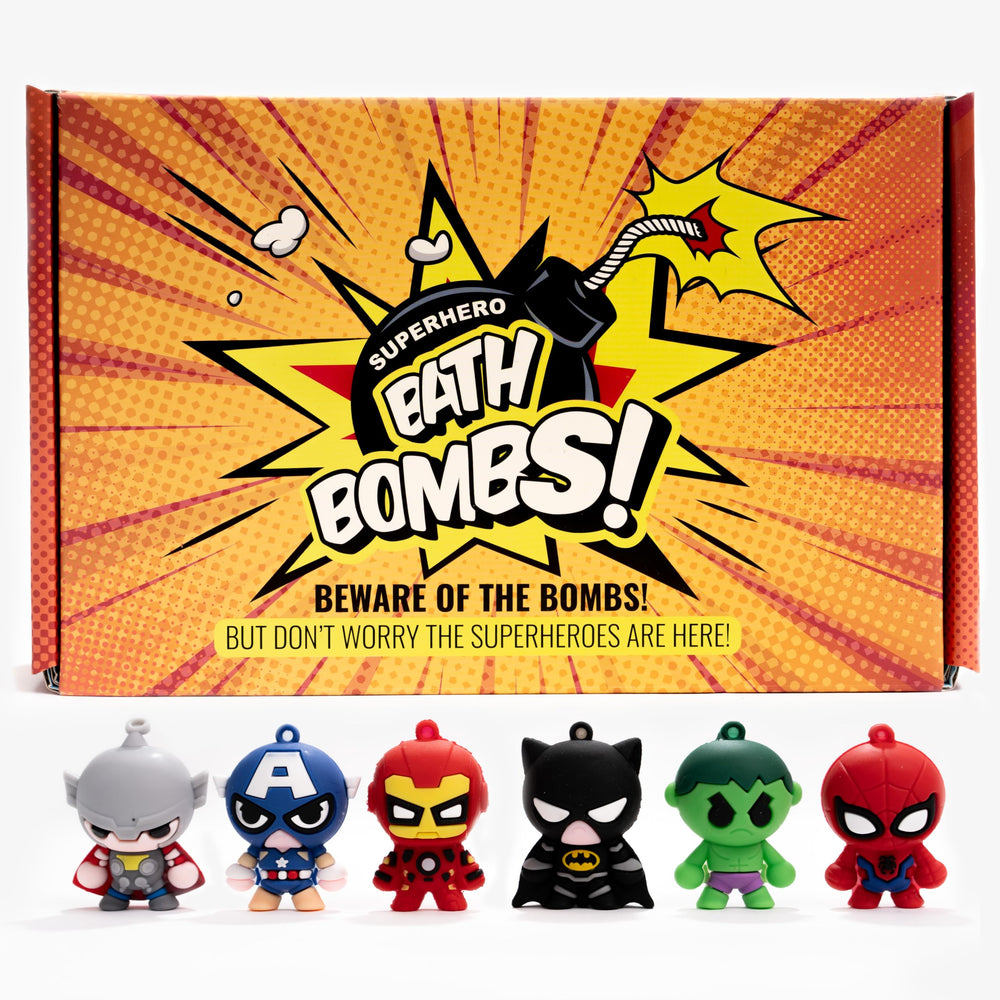 Cosmetics Stories superhero bath bombs packaging shown, ideal gift-ready presentation.