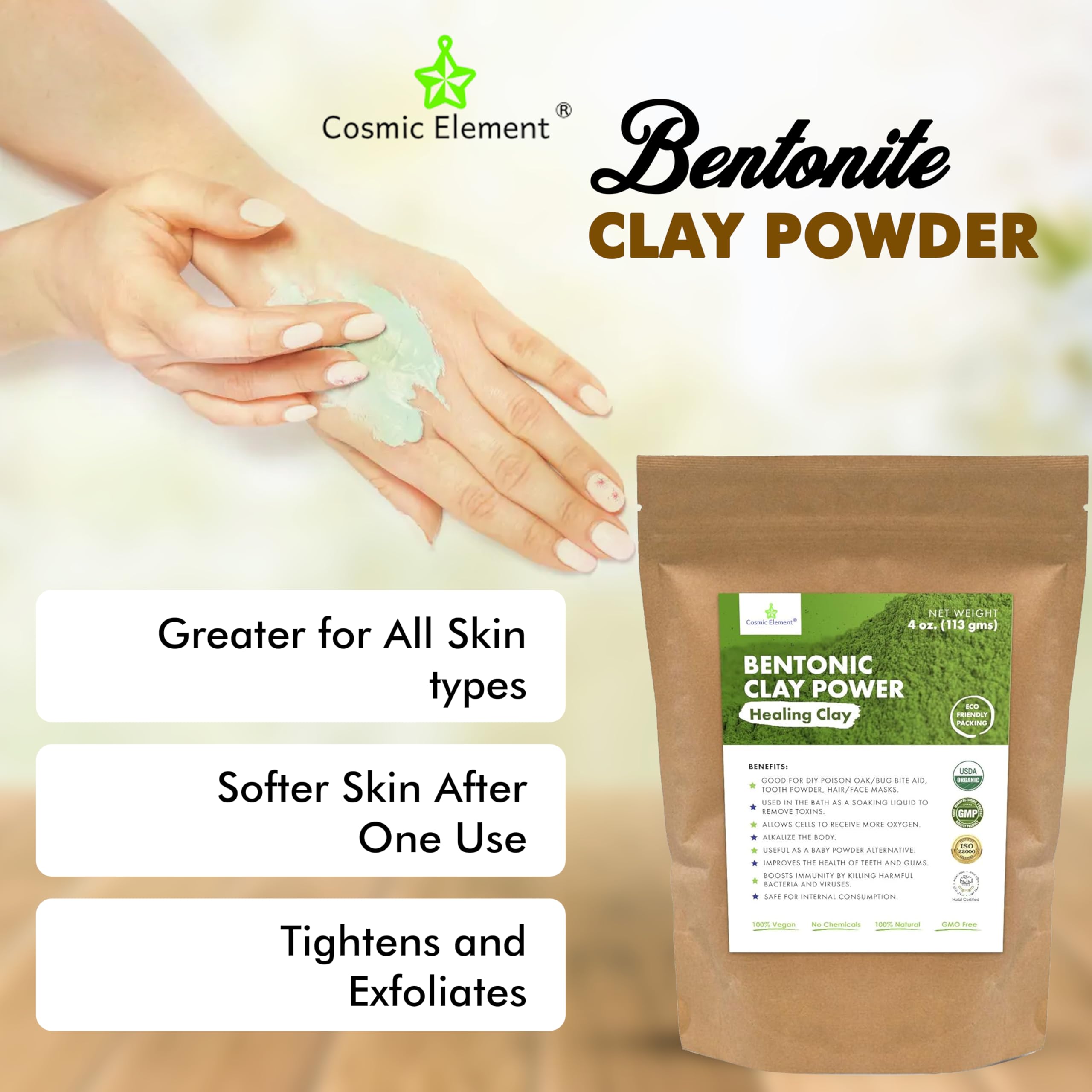 Cosmic Element clay powder texture on surface shows fine, mix-ready consistency for masks.