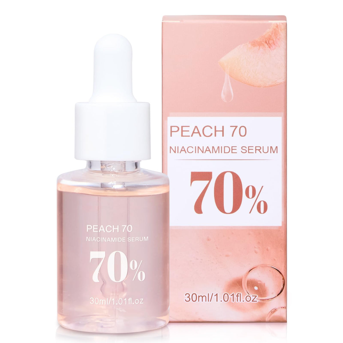 COSMOO Peach 70 Niacinamide Serum bottle close-up highlighting hydration and clean formula.