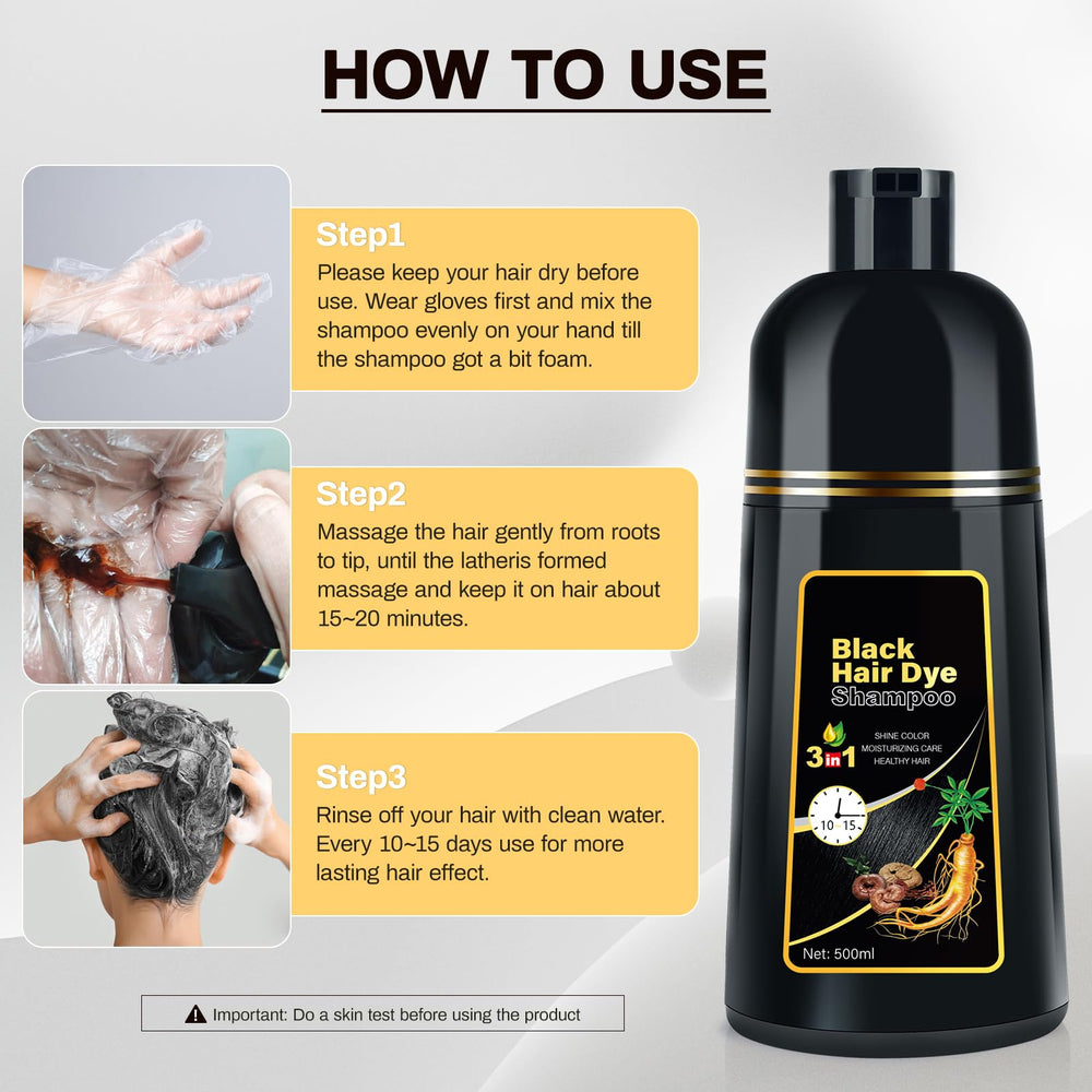 Cosmpro Black Hair Dye Shampoo before-after-01 shows color transformation.