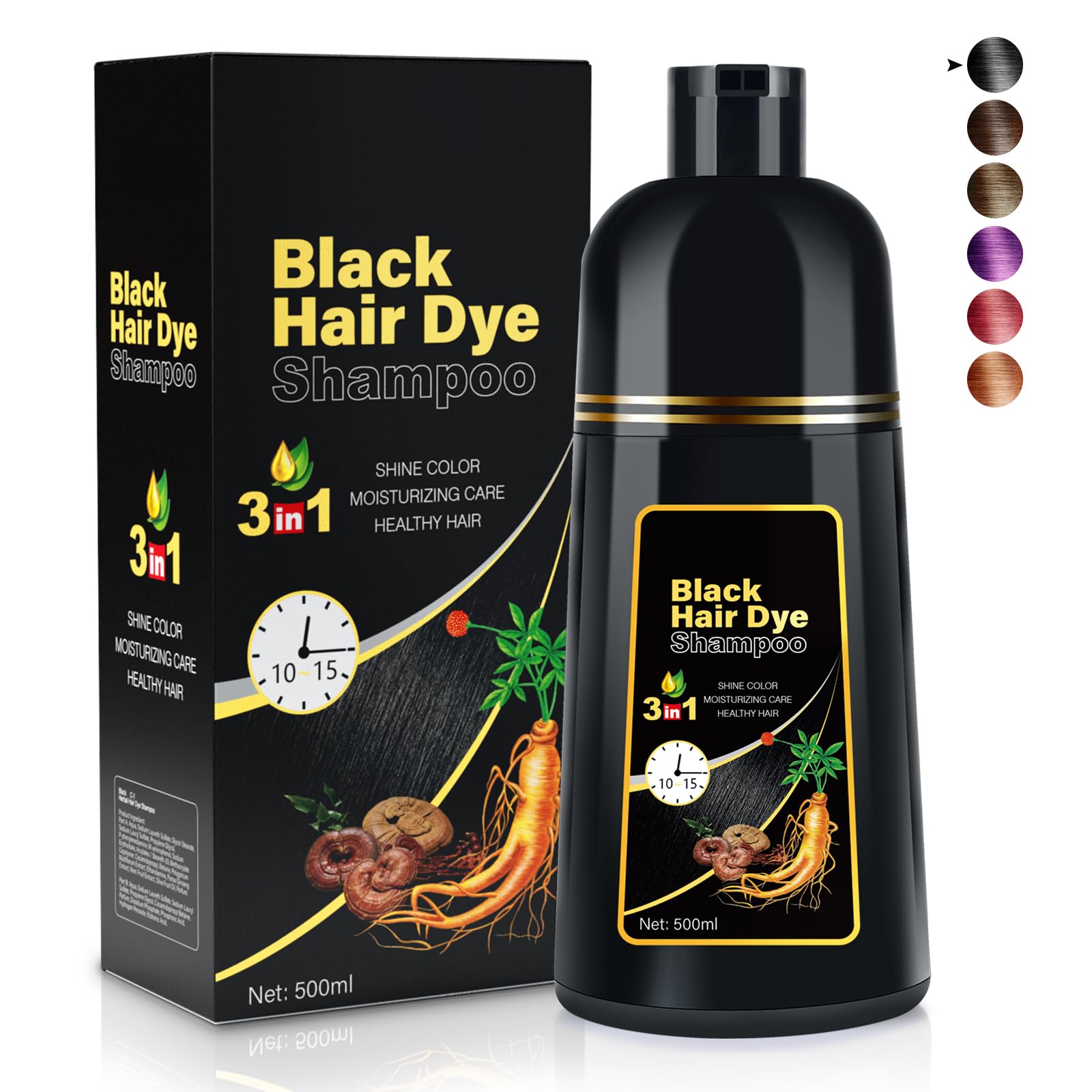 Cosmpro Black Hair Dye Shampoo cover-01 provides full gray coverage for a natural look.