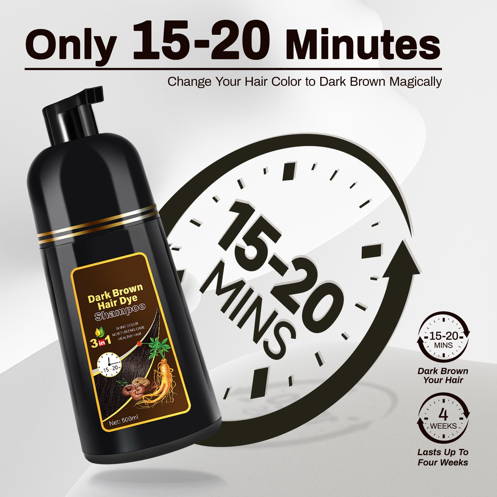 Cosmpro dark brown hair dye shampoo before-after demonstrates gray coverage results.