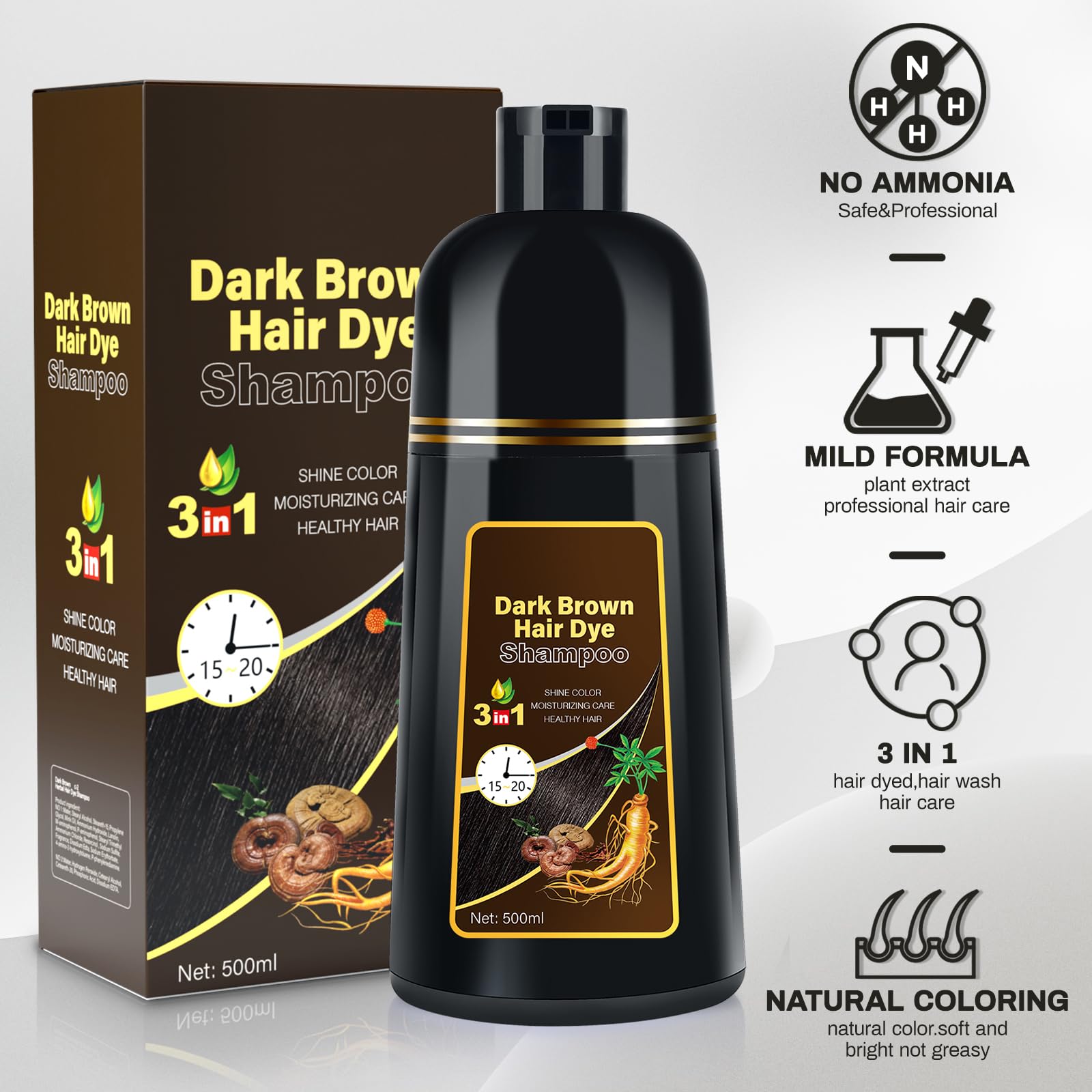 Cosmpro dark brown hair dye shampoo gloves setup shows mess-free application.