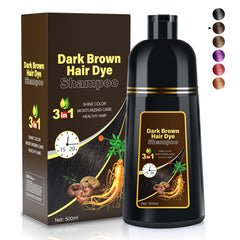 Cosmpro dark brown hair dye shampoo packaging highlights natural ingredients and 3-in-1 convenience.