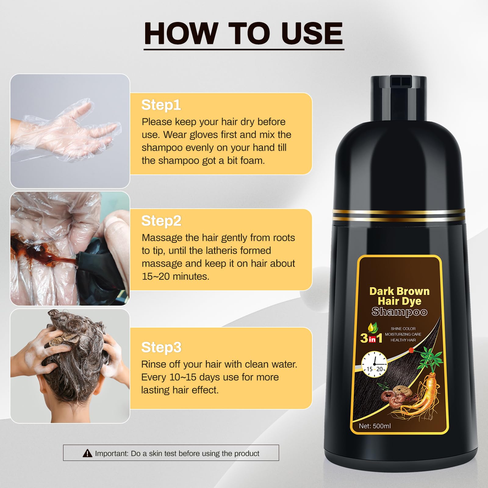 Cosmpro dark brown hair dye shampoo result emphasizes soft shine and lasting color.