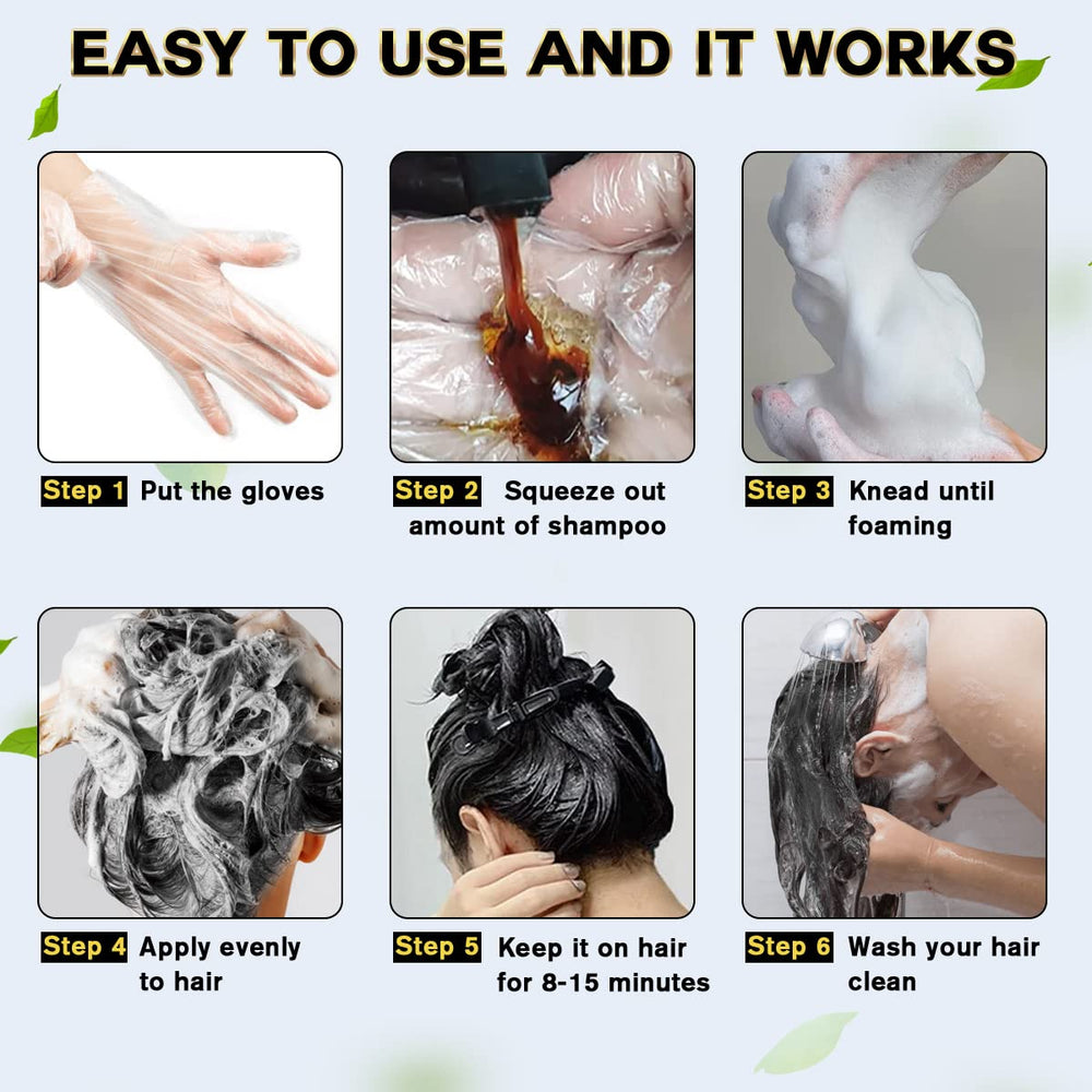 Cosmpro easy-use shampoo application with gloves shows quick gray coverage.