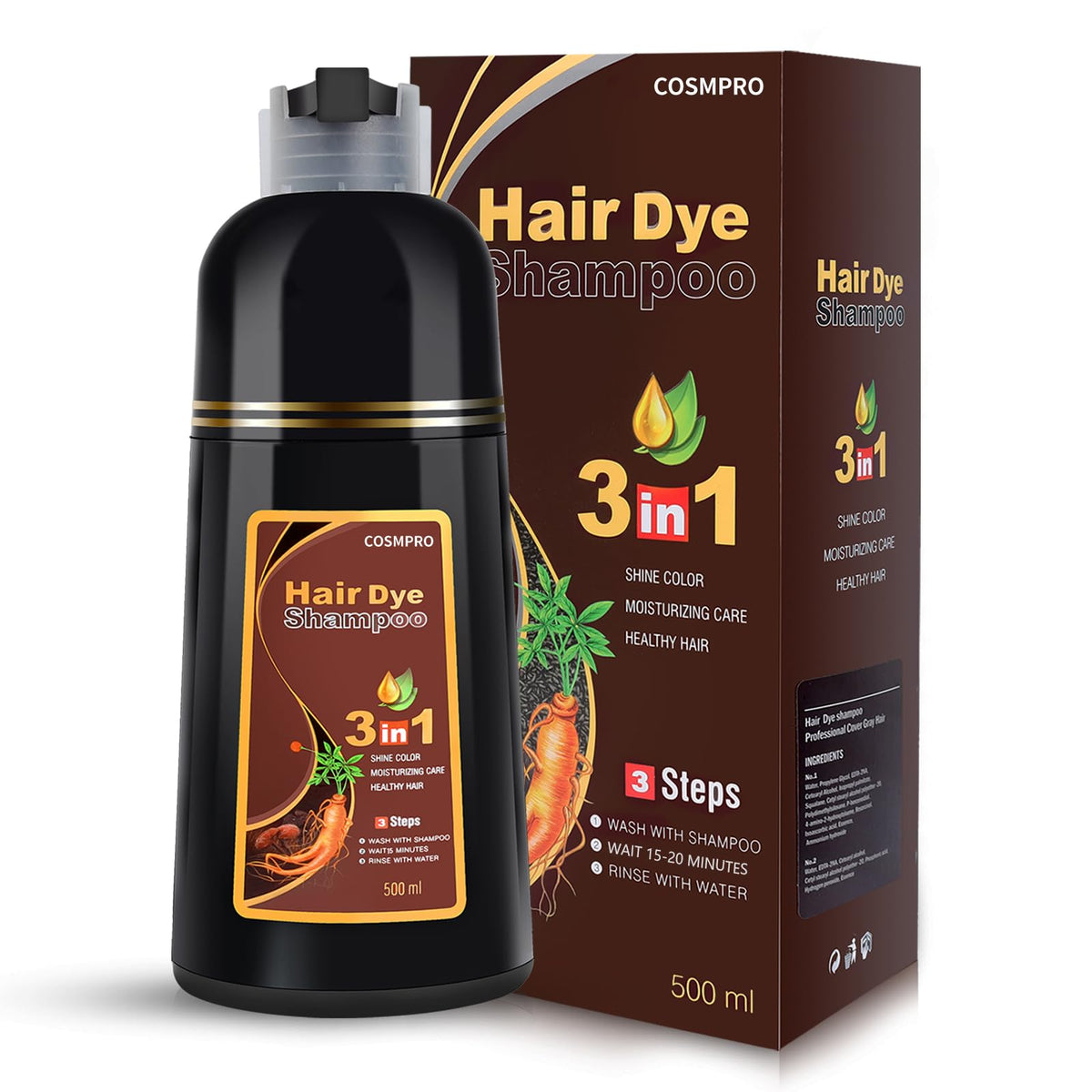 Cosmpro hair dye shampoo gray coverage on hair for natural-looking color.