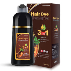 Cosmpro hair dye shampoo gray coverage on hair for natural-looking color.