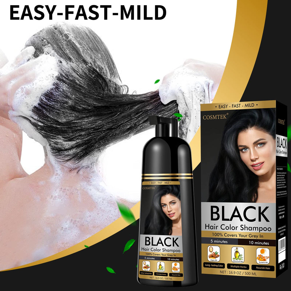 COSMTEK Black Dye Shampoo applying on hair demonstrates easy 5-10 minute color deposit