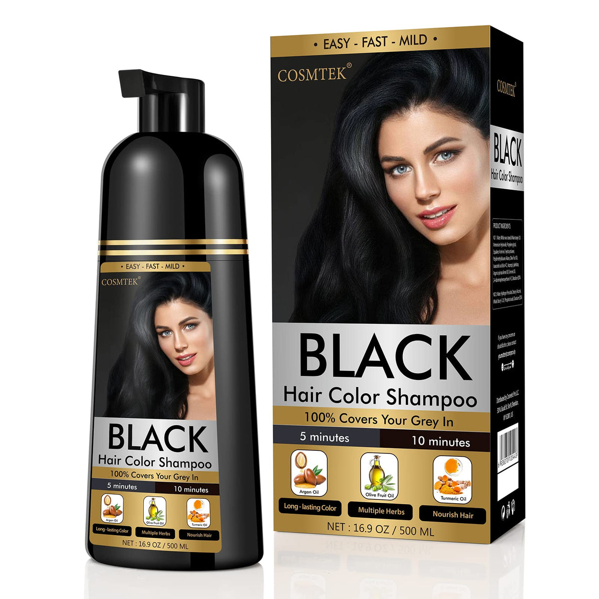 COSMTEK Black Dye Shampoo bottle front showing natural herbal formula for color deposition