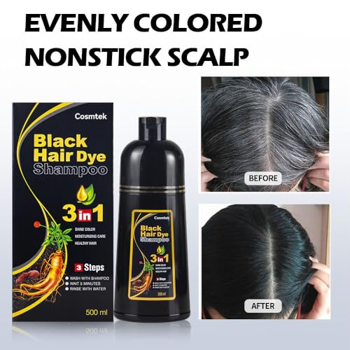 COSMTEK packaging highlights 3-in-1 formula with dye, shampoo, and conditioner.