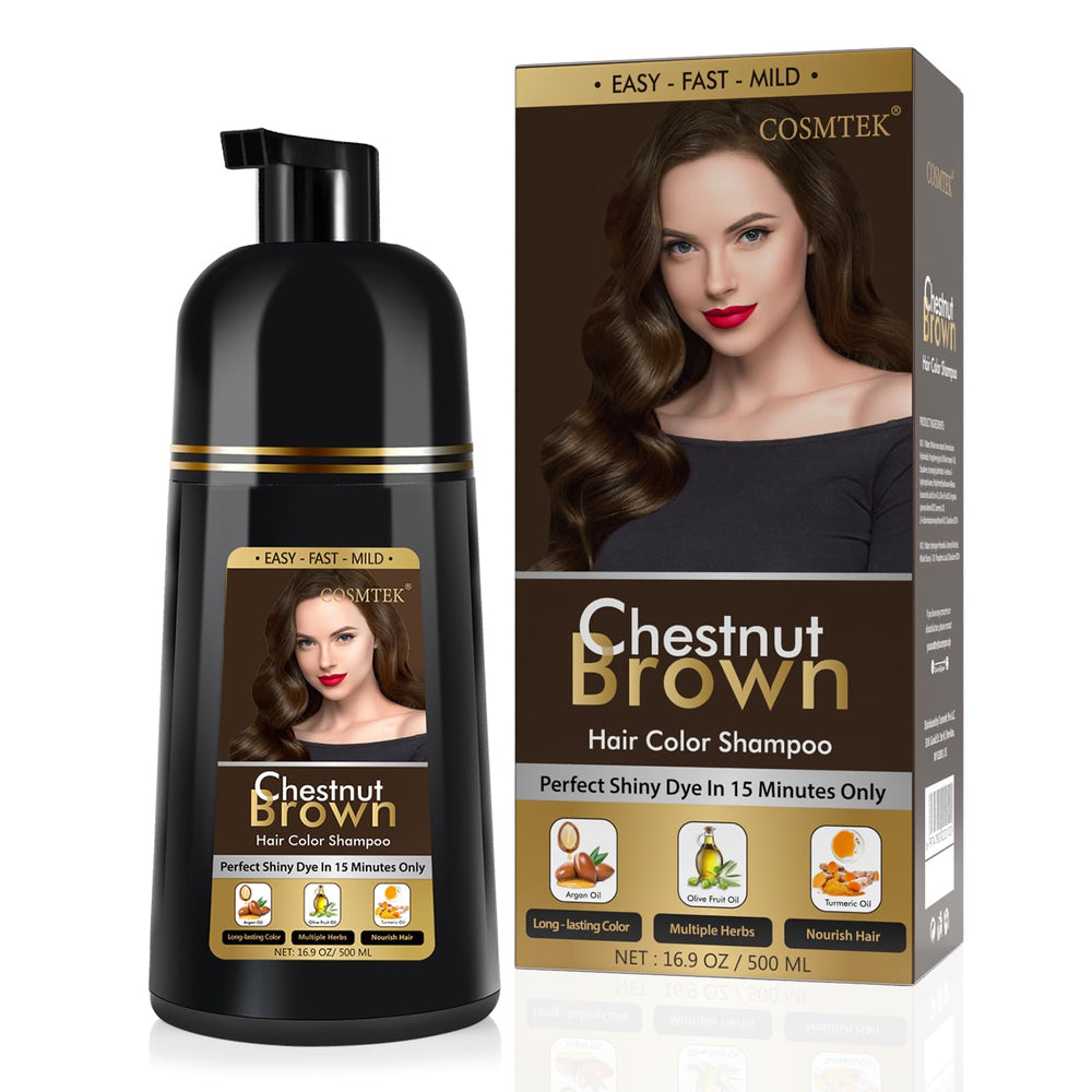 COSMTEK Chestnut Brown Hair Dye Shampoo bottle showcasing color-depositing formula for gray coverage