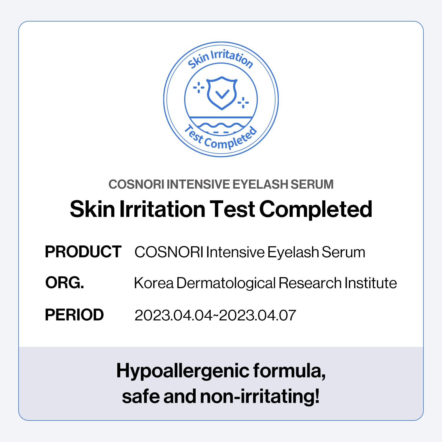 COSNORI Intensive Eyelash Serum hypoallergenic formula symbol on packaging