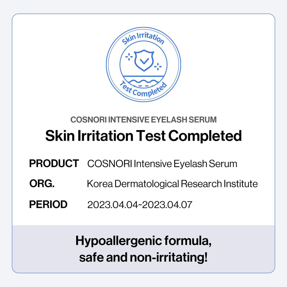 COSNORI Intensive Eyelash Serum hypoallergenic formula symbol on packaging