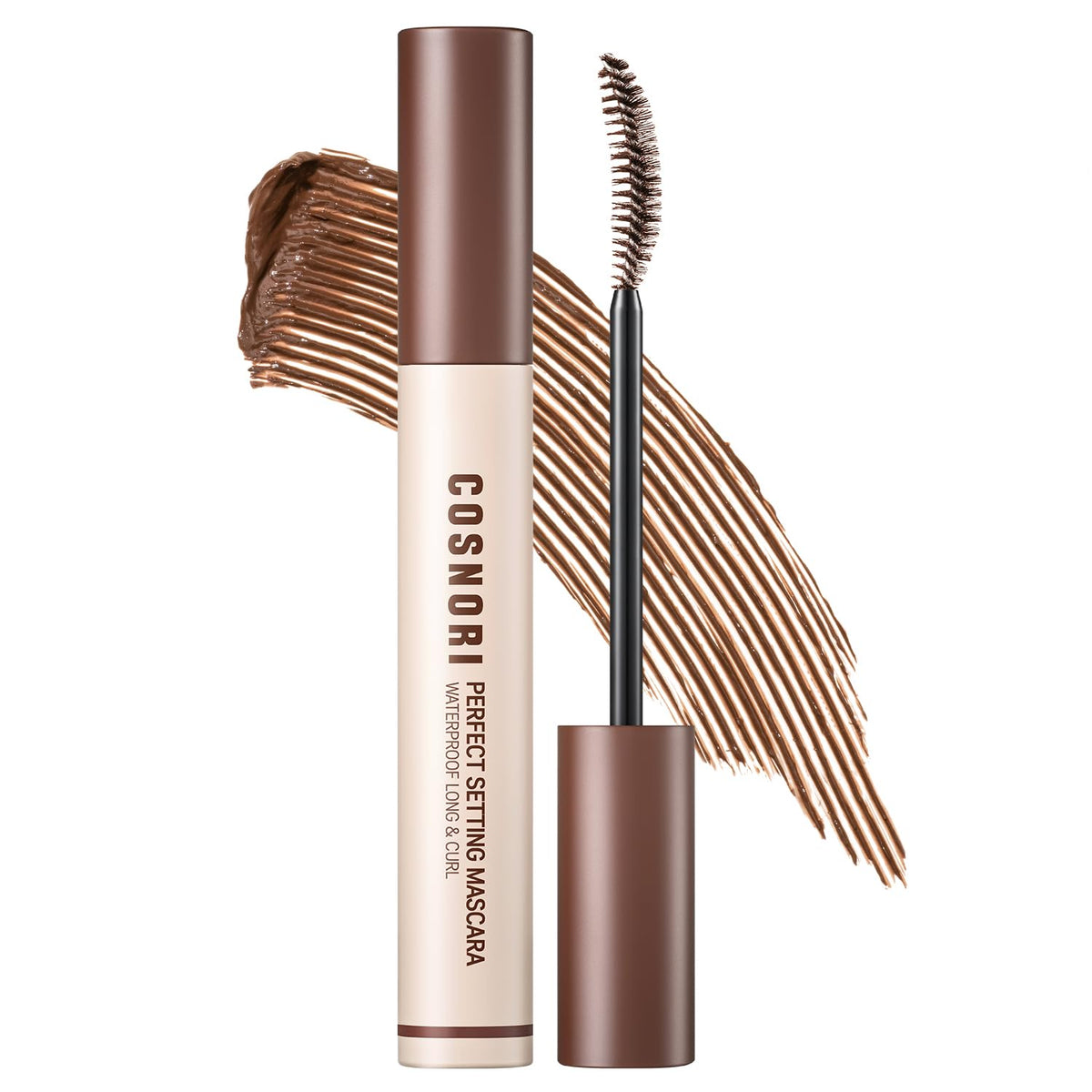 COSNORI Perfect Setting Waterproof Mascara Cozy Brown packaging shows premium all-day wear capability