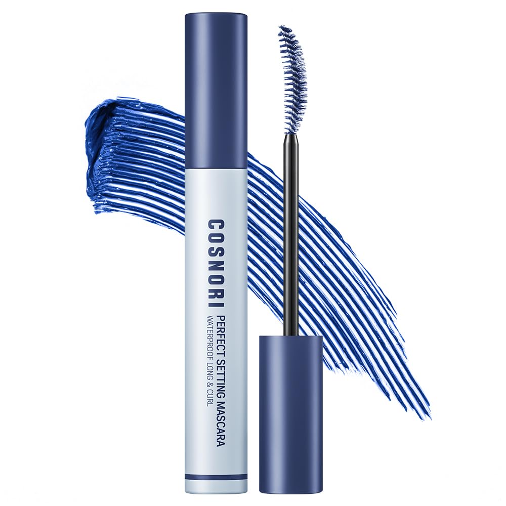 COSNORI royal blue mascara bottle shows all-day color payoff.
