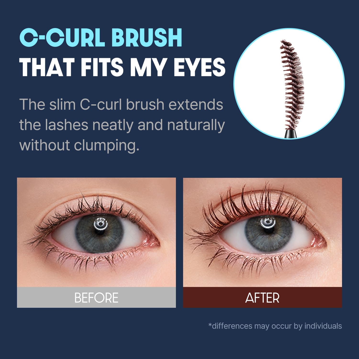 COSNORI royal blue mascara on eye displaying pop of color.