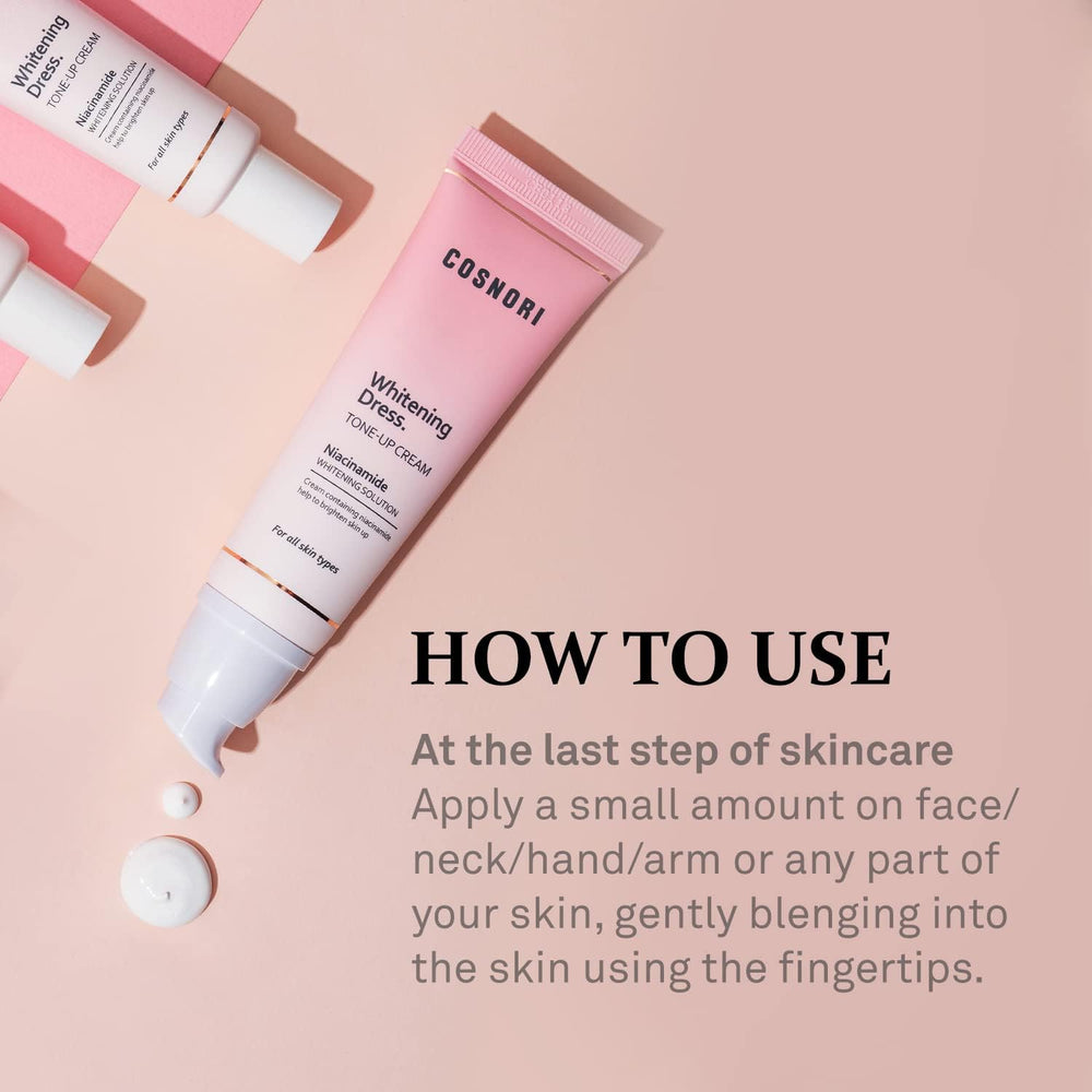 COSNORI W. Dress Tone-up Cream body-use image suggests versatile application beyond the face