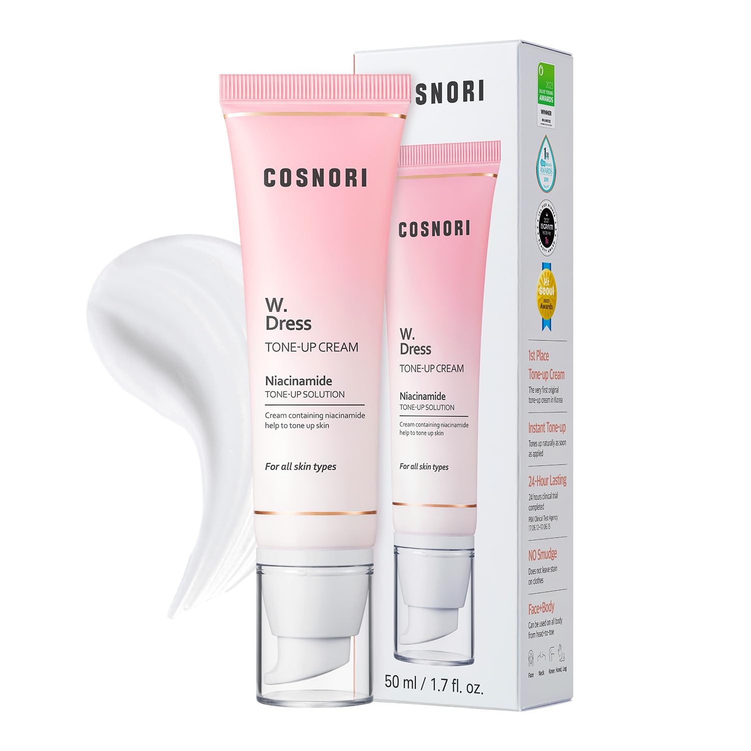 COSNORI W. Dress Tone-up Cream packaging shown highlighting vegan, cruelty-free skincare benefits
