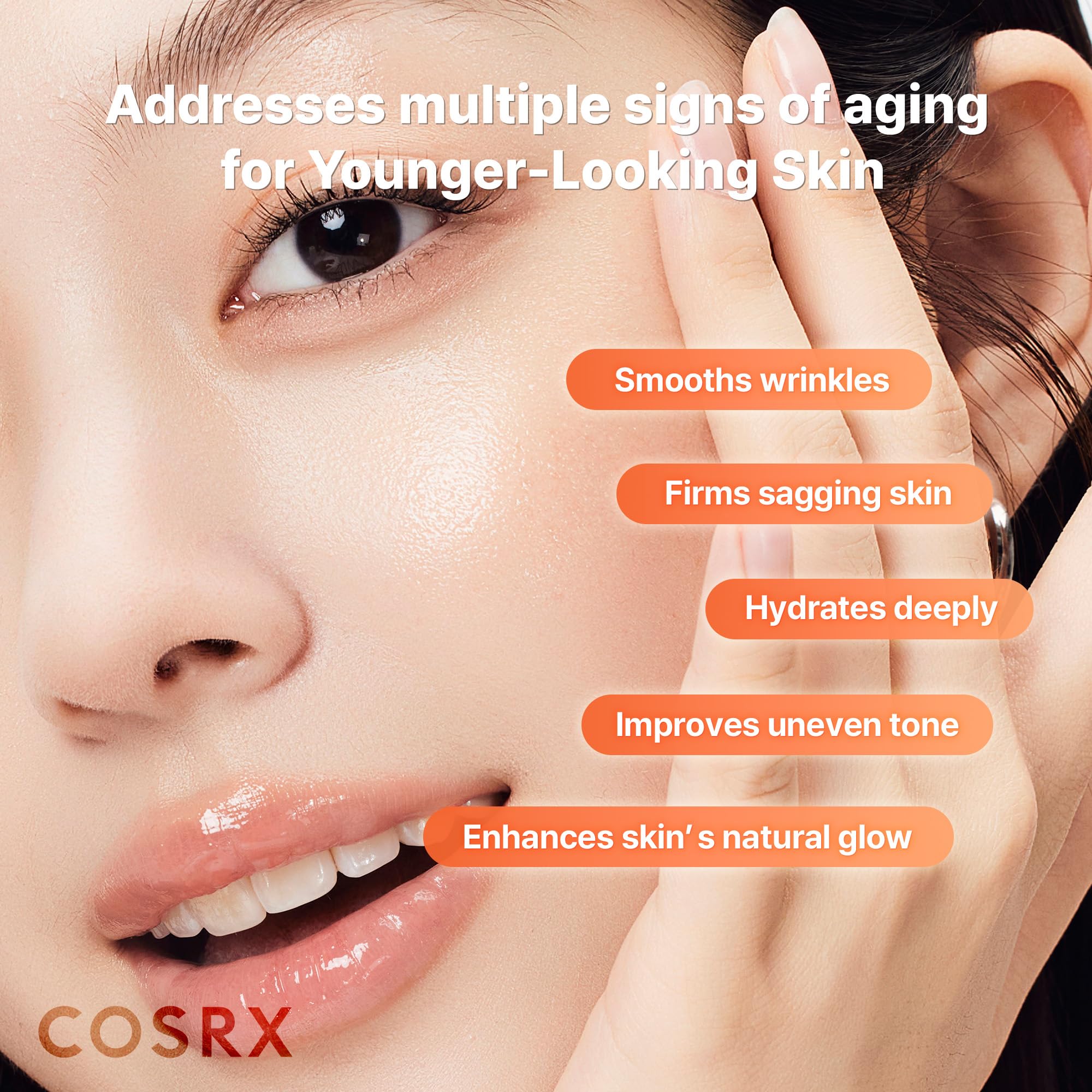 COSRX 5 PDRN glow skin effect closeup emphasizes dewy finish and radiance