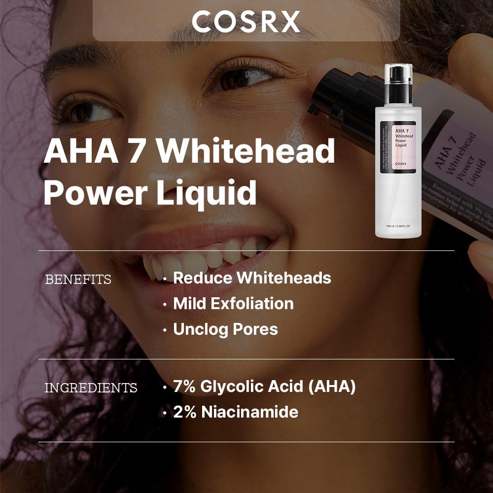 COSRX 7% Glycolic Acid Whitehead Power Liquid cap shown for precise dosing.