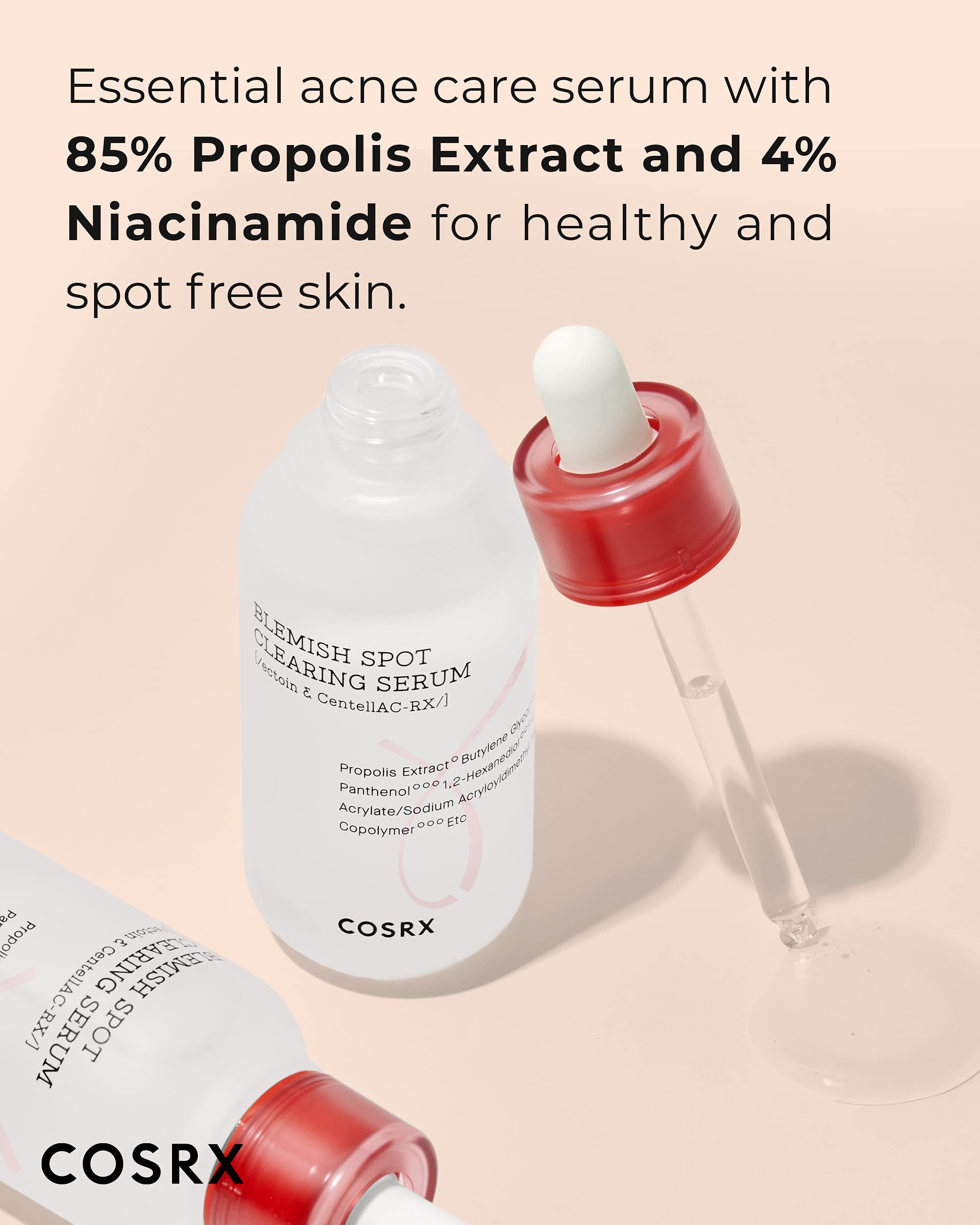 COSRX AC Collection serum dropper close-up showing quick absorption on skin