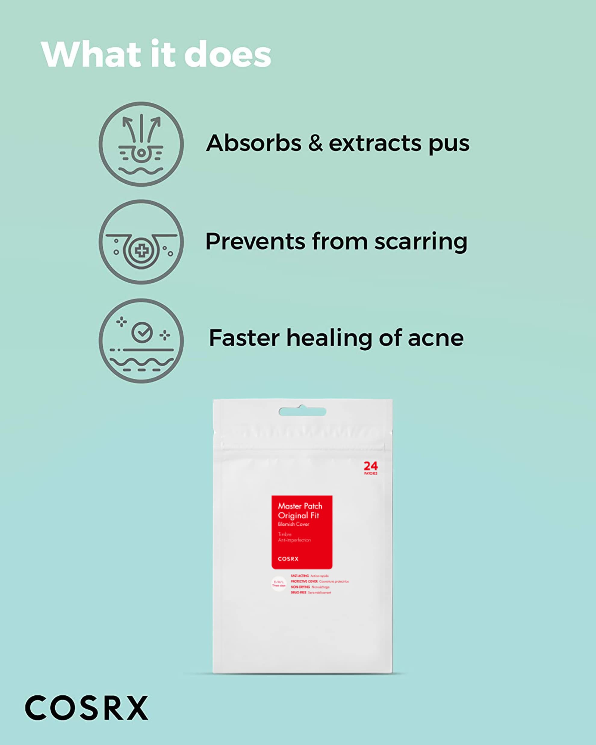 COSRX packaging shows S/M/L dots for matching blemish size.