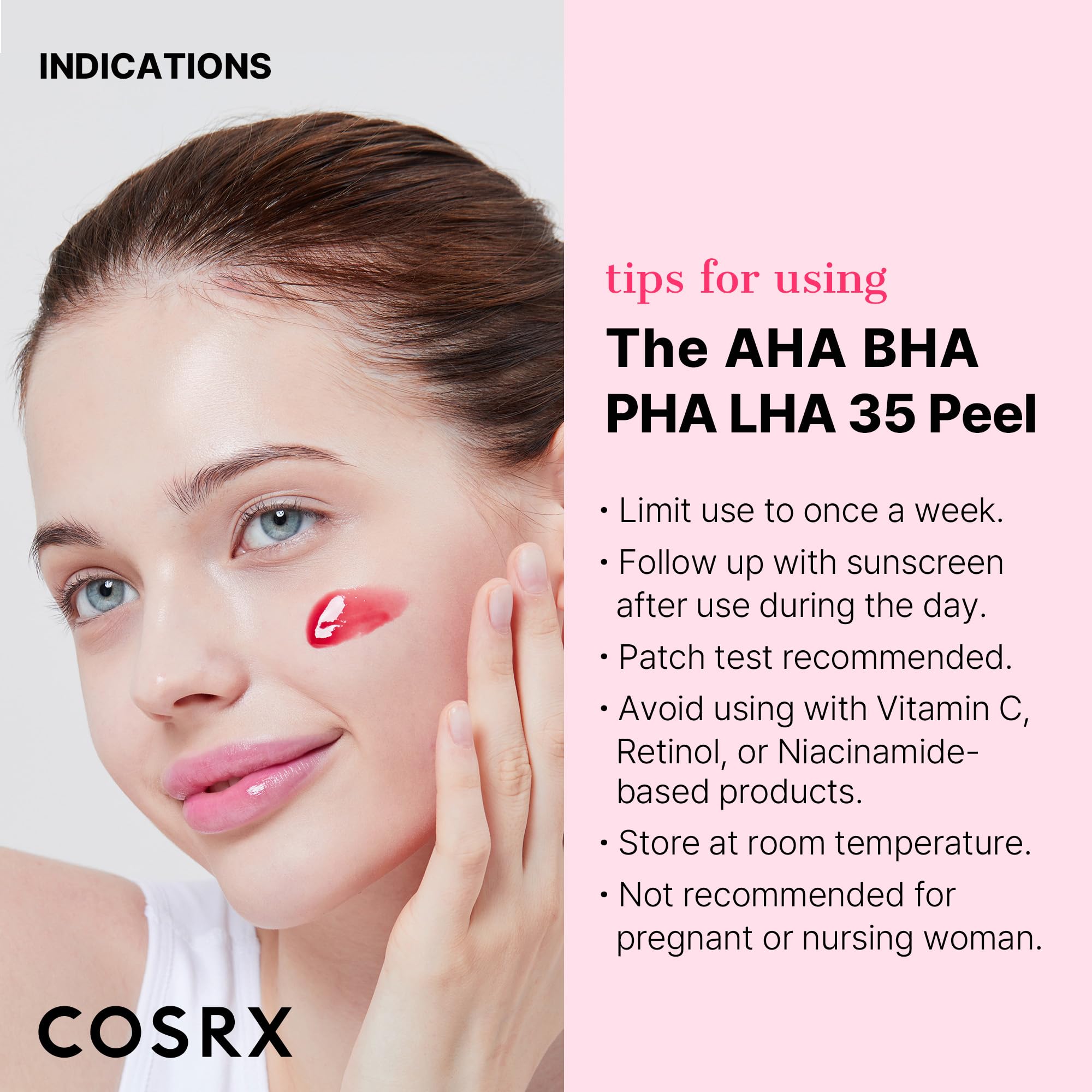 COSRX AHA BHA PHA LHA 35% Peel application on dry skin demonstrates weekly use