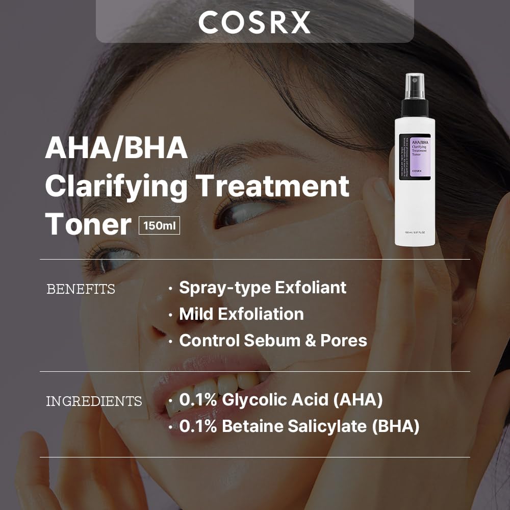 COSRX AHA/BHA Toner spray-application demonstrates quick, hydrating exfoliation for daily use.