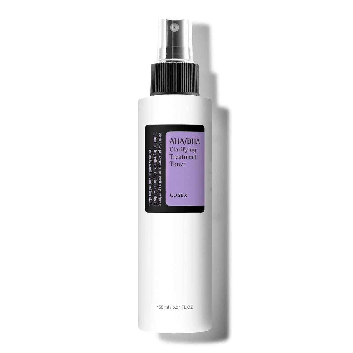 COSRX AHA/BHA Treatment Toner bottle closeup showing gentle exfoliation for smoother skin.
