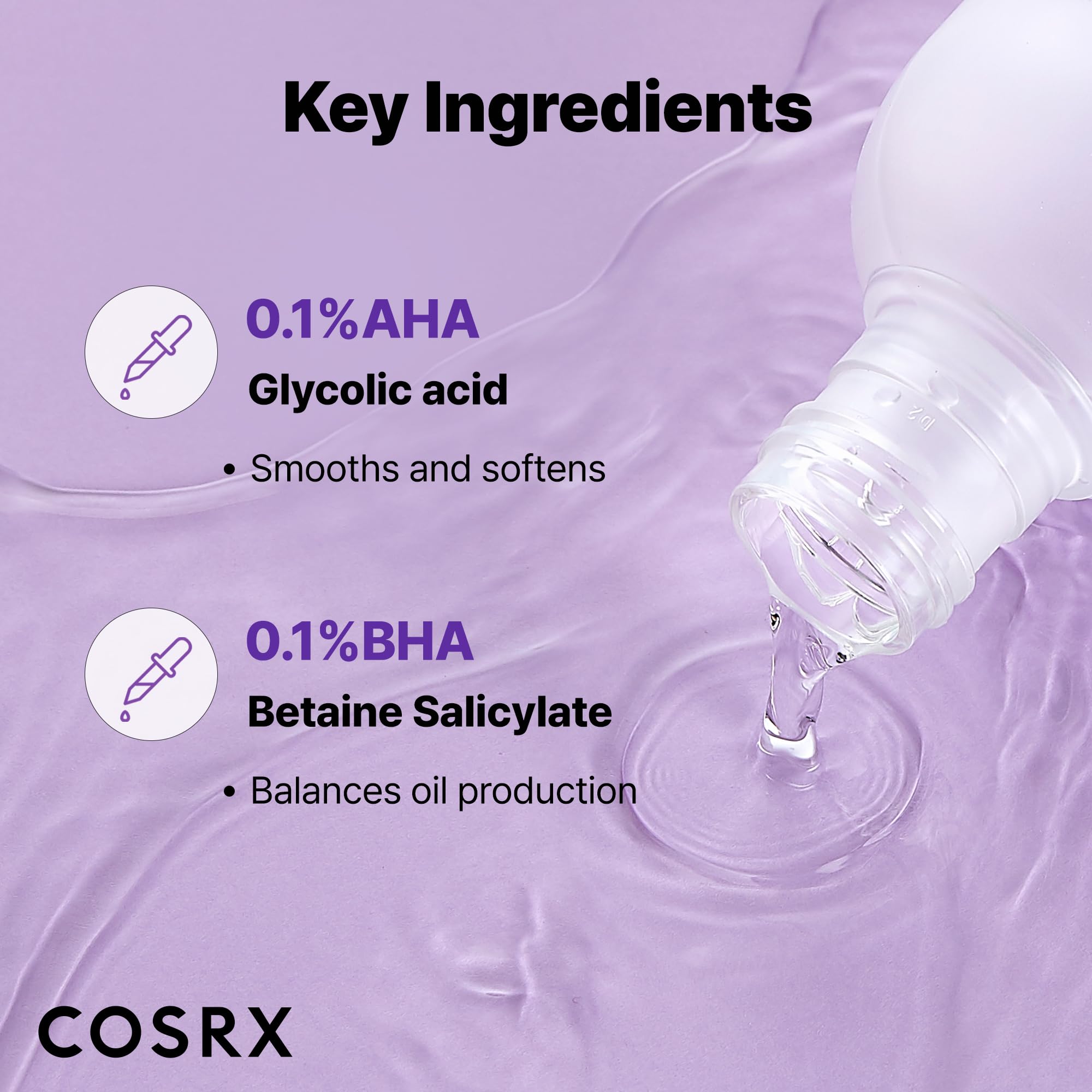 COSRX AHA/BHA Treatment Toner ingredients panel highlights skin-friendly components.