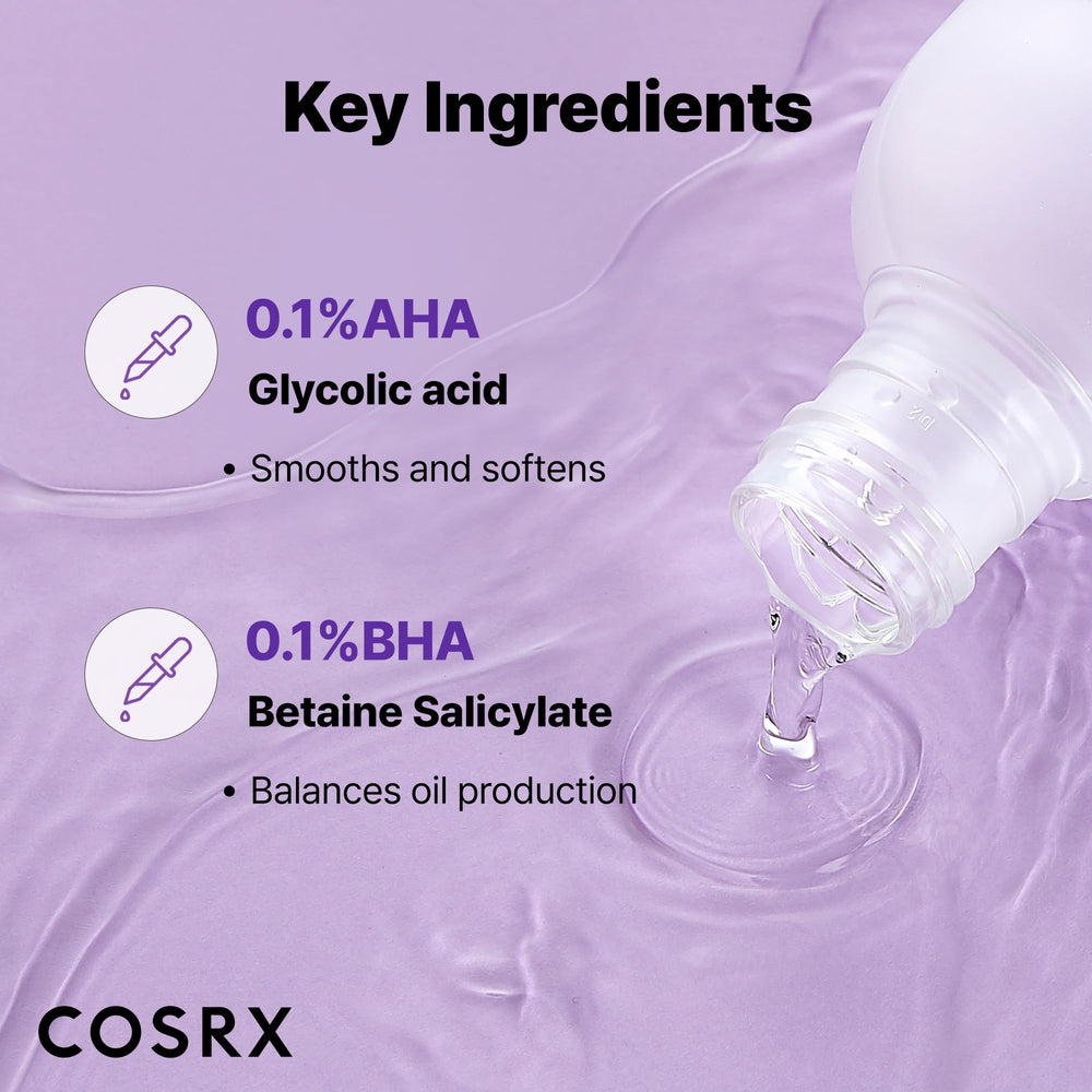 COSRX AHA/BHA Treatment Toner ingredients panel highlights skin-friendly components.