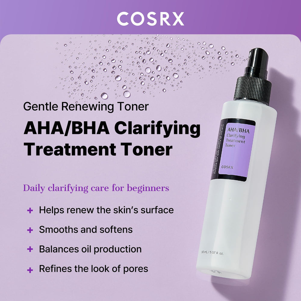 COSRX AHA/BHA Treatment Toner mist spray refreshes with a light, skin-brightening mist.
