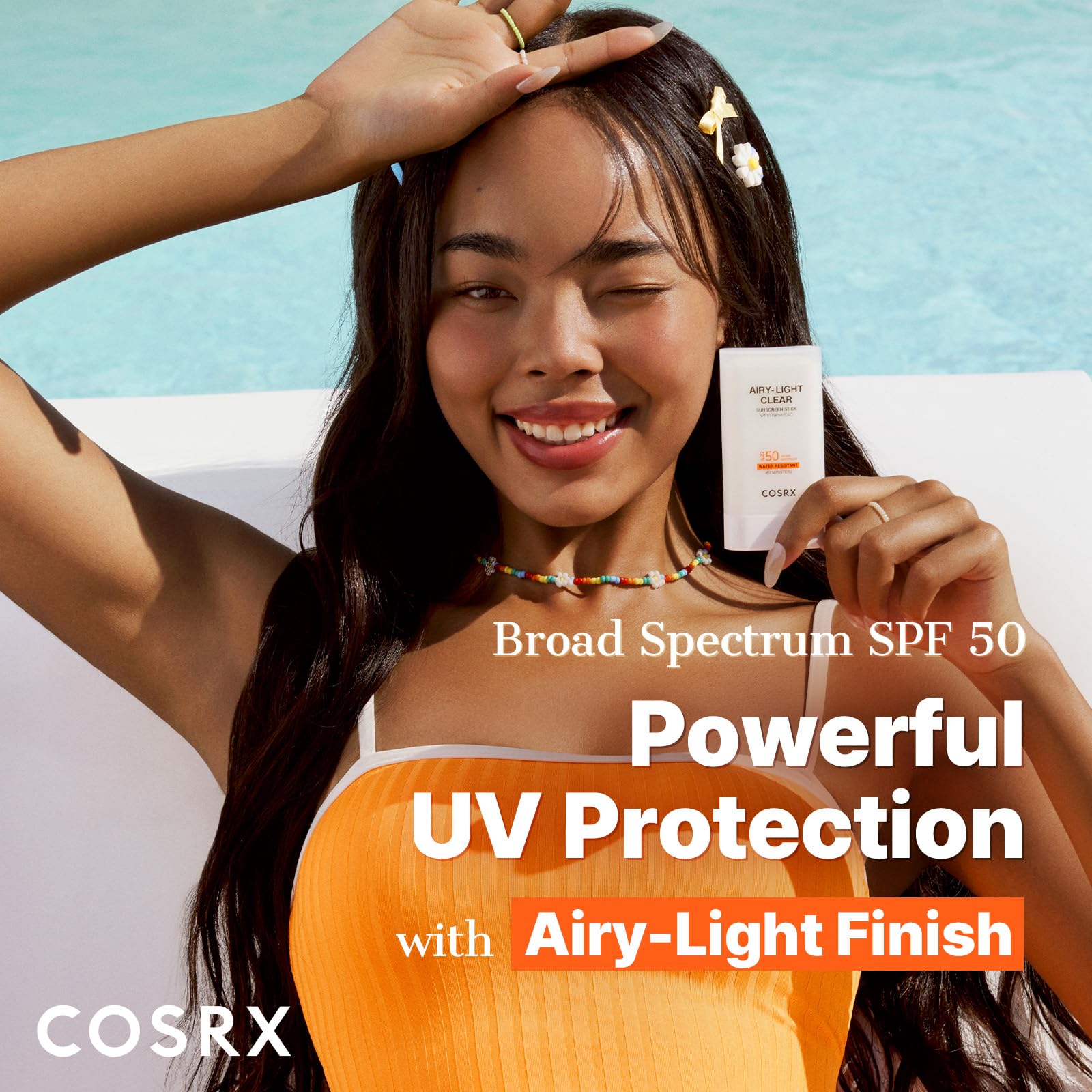 COSRX Airy-Light Clear Sunscreen Stick close-up showing texture and branding.