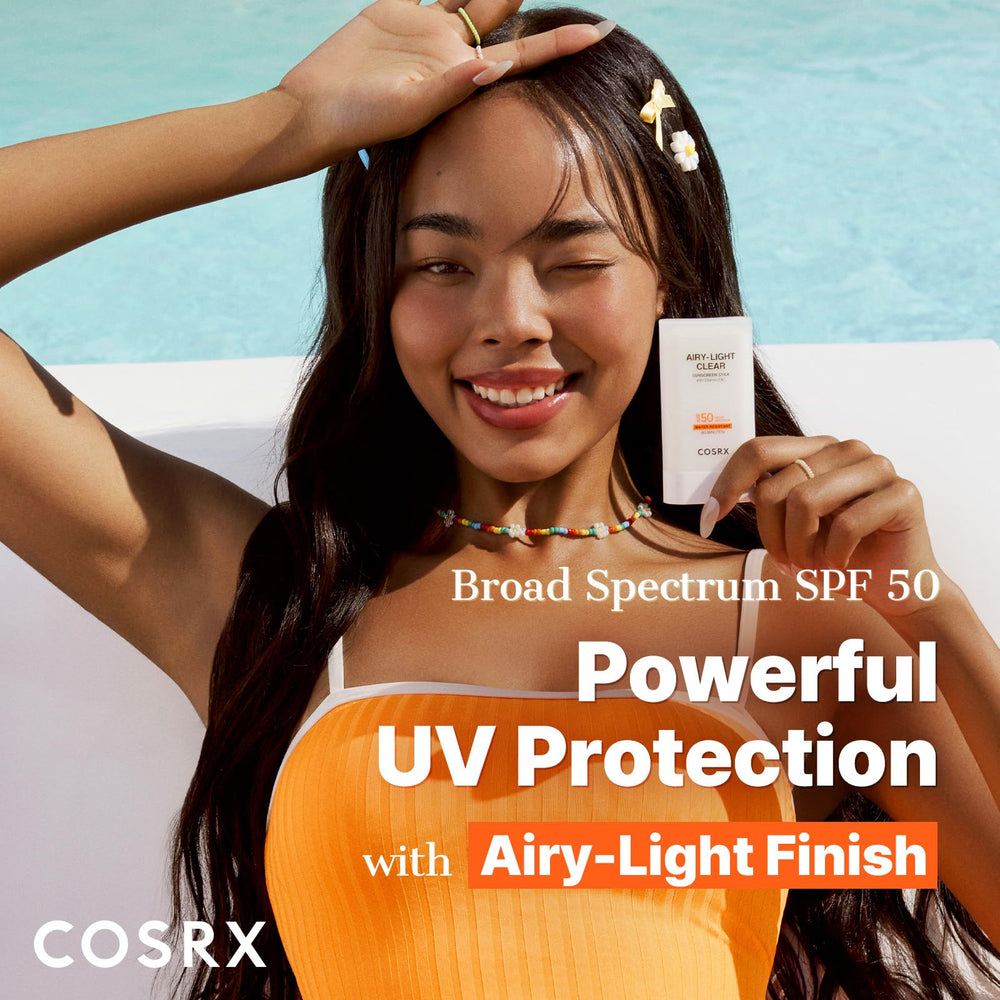 COSRX Airy-Light Clear Sunscreen Stick close-up showing texture and branding.