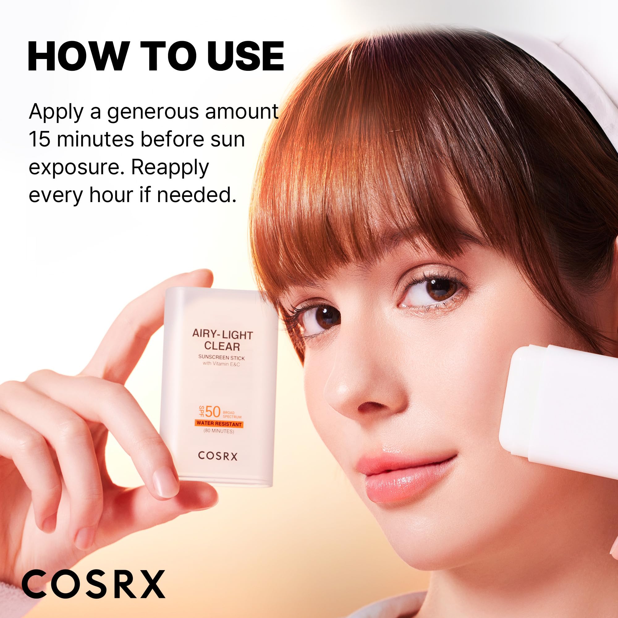 COSRX Airy-Light Clear Sunscreen Stick ingredients panel with vitamins E and C.