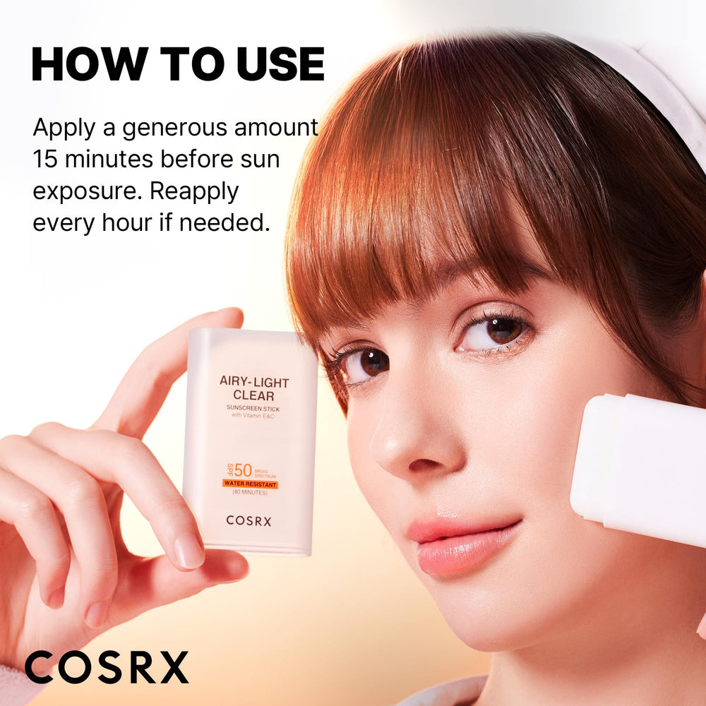 COSRX Airy-Light Clear Sunscreen Stick ingredients panel with vitamins E and C.