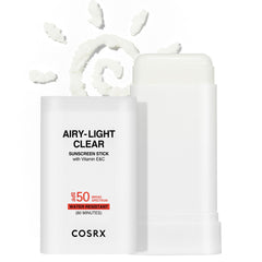 COSRX Airy-Light Clear Sunscreen Stick packaging for portable sun protection.