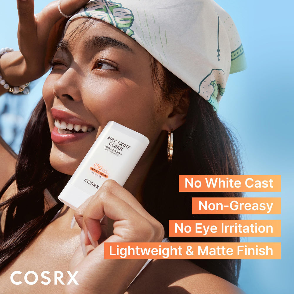 COSRX Airy-Light Clear Sunscreen Stick on skin shows matte finish and shine-free look.